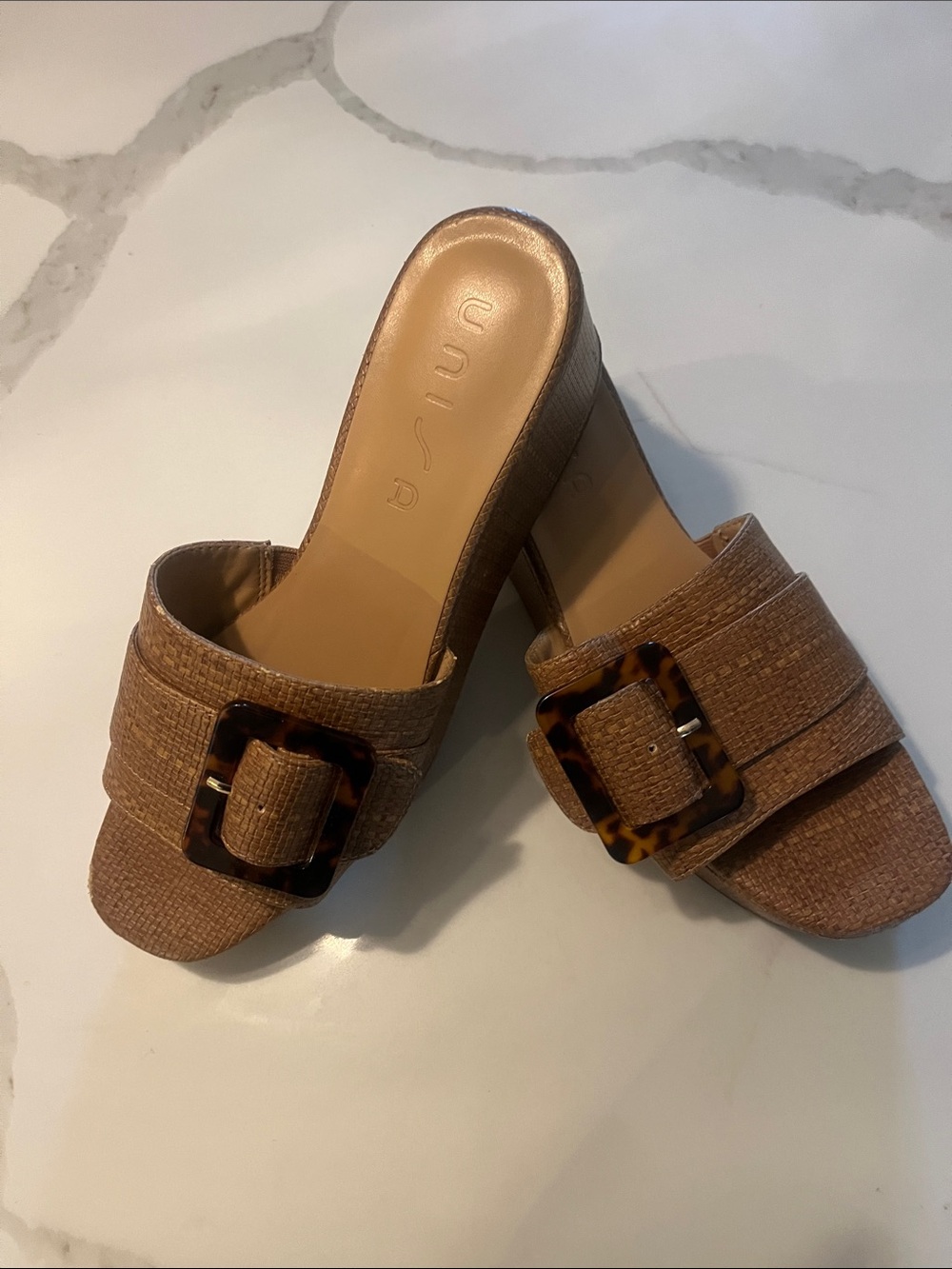 Unisa Tan Slide Mules with Tortoiseshell acrylic Buckle Size 10